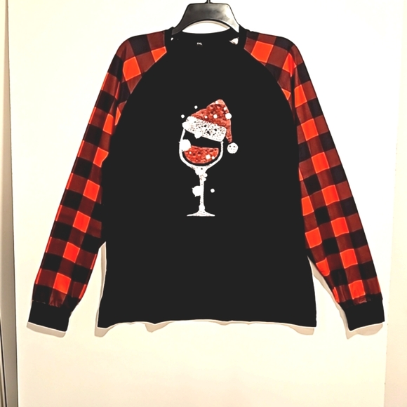 'A glass of holiday cheer' plaid sleeves office holiday party top XXL like new - Picture 1 of 6